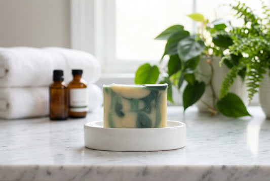 A rectangular handmade soap bar with a marbled swirl pattern of green and pale cream, resting on a white-washed wooden surface.