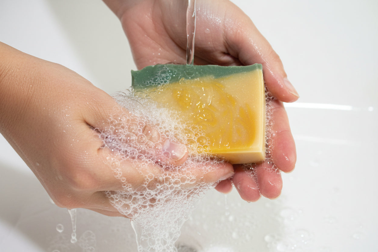 Bar of soap with green and yellow swirl pattern on a white background in someone's hands as they wash.