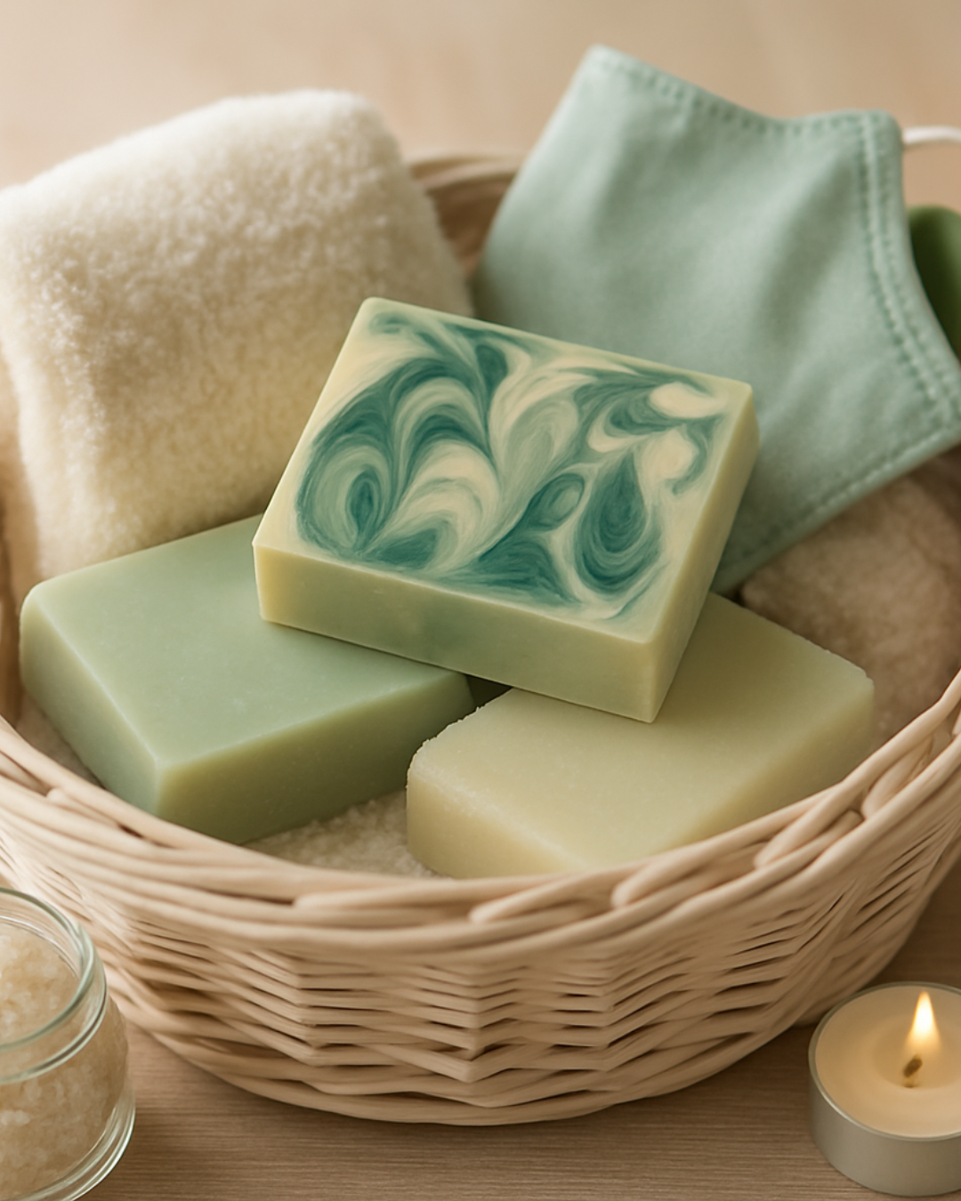 A basket with handmade soap and a washcloth