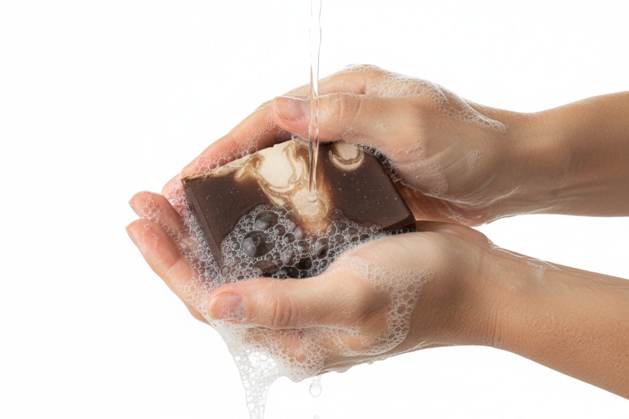 Hands washing with marbled chocolate colored bar of soap.