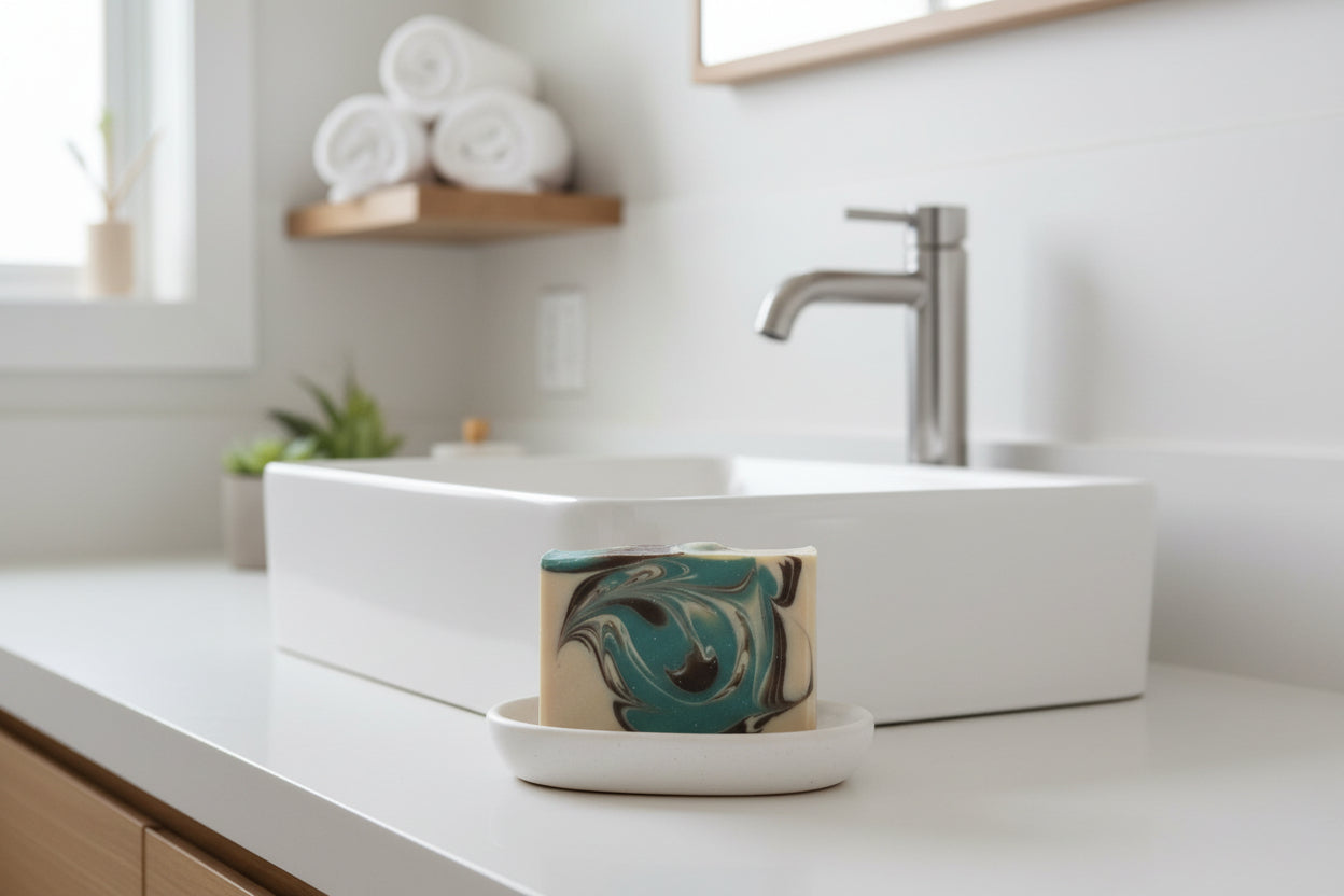 Bar of soap on a soap dish in a spa bathroom. 