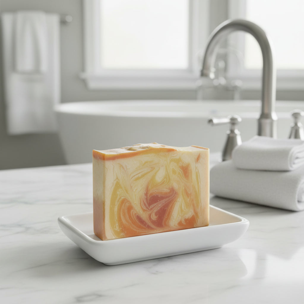 A rectangular bar of handmade soap with a marbled swirl pattern of orange, yellow, and cream,in a soap dish on a counter in a bathroom. 