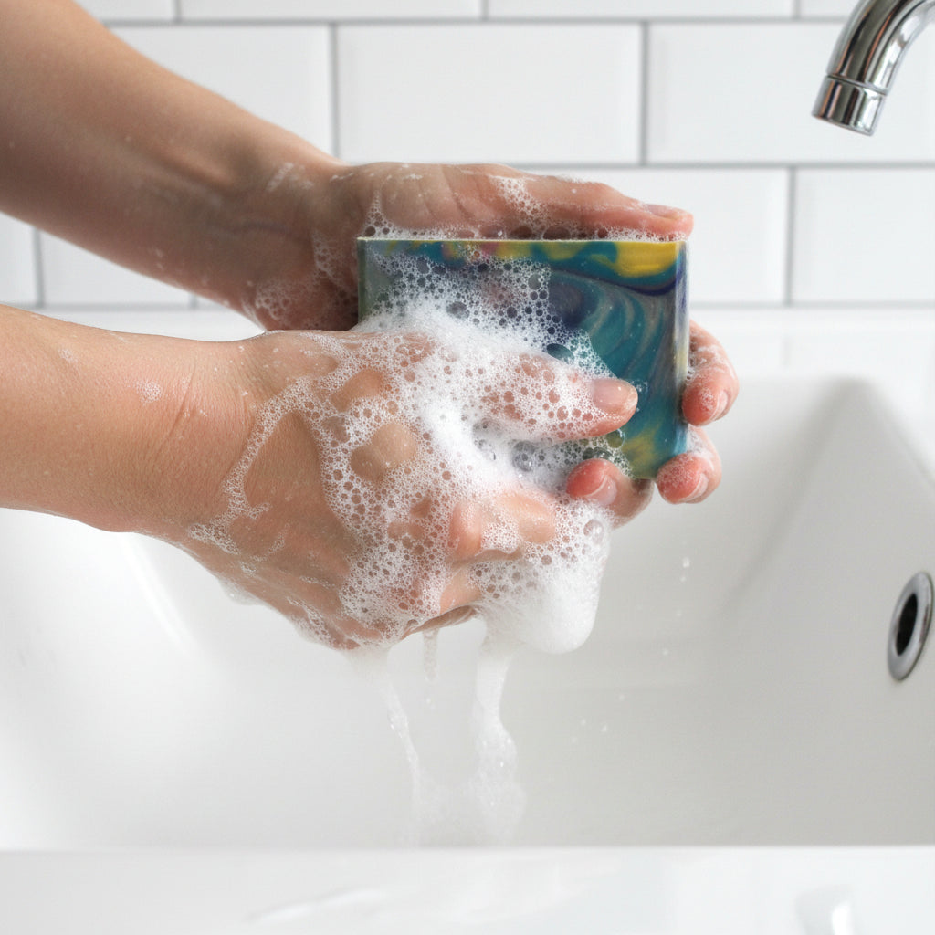A close-up of a person's hands washing a rectangular bar of soap under running water in a white sink. The soap has a marbled pattern of teal, blue, yellow, and green, and is covered in white foam.