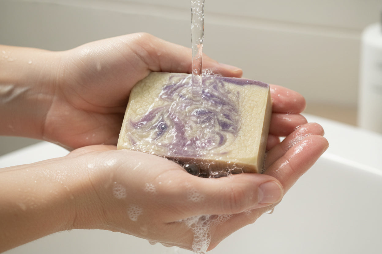 Hand holding a bar of soap with water being poured over it
