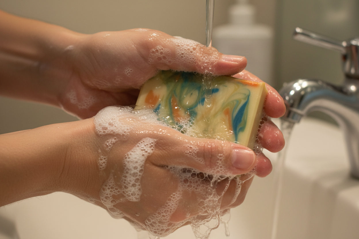 Colorful soap bar in a person's hands as they wash. 
