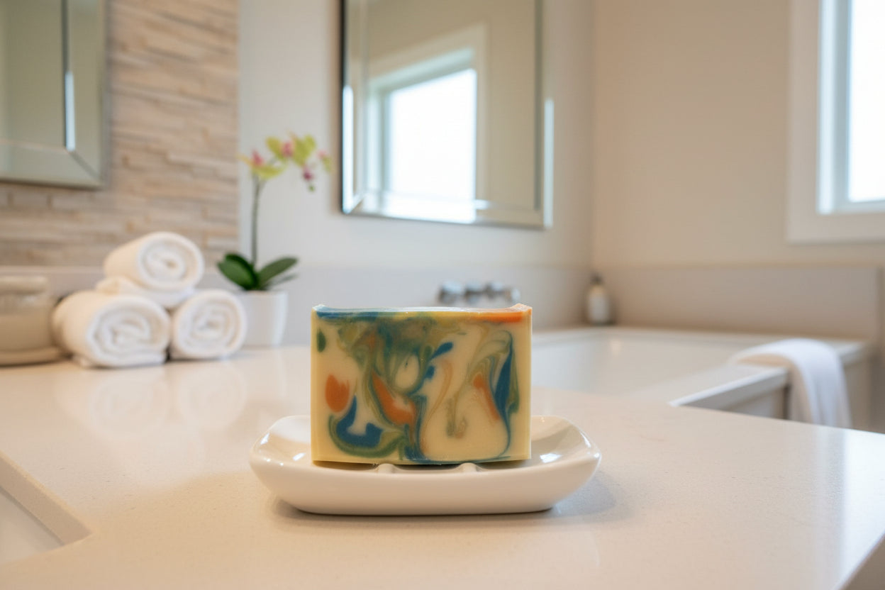 Colorful soap bar in a white bathroom. 