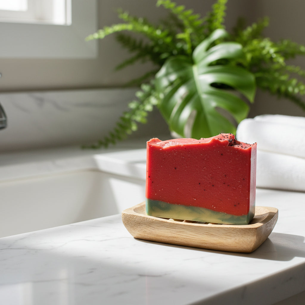 Soap that looks like a slice of watermelon in a soap dish by the sink.
