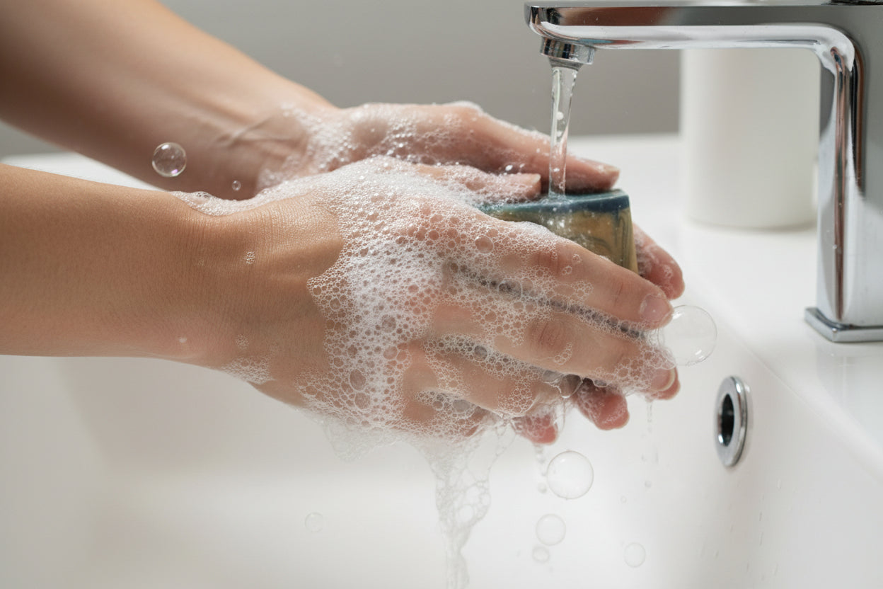 Hands washing with a bar of handmade soap at a sink with the water running. 